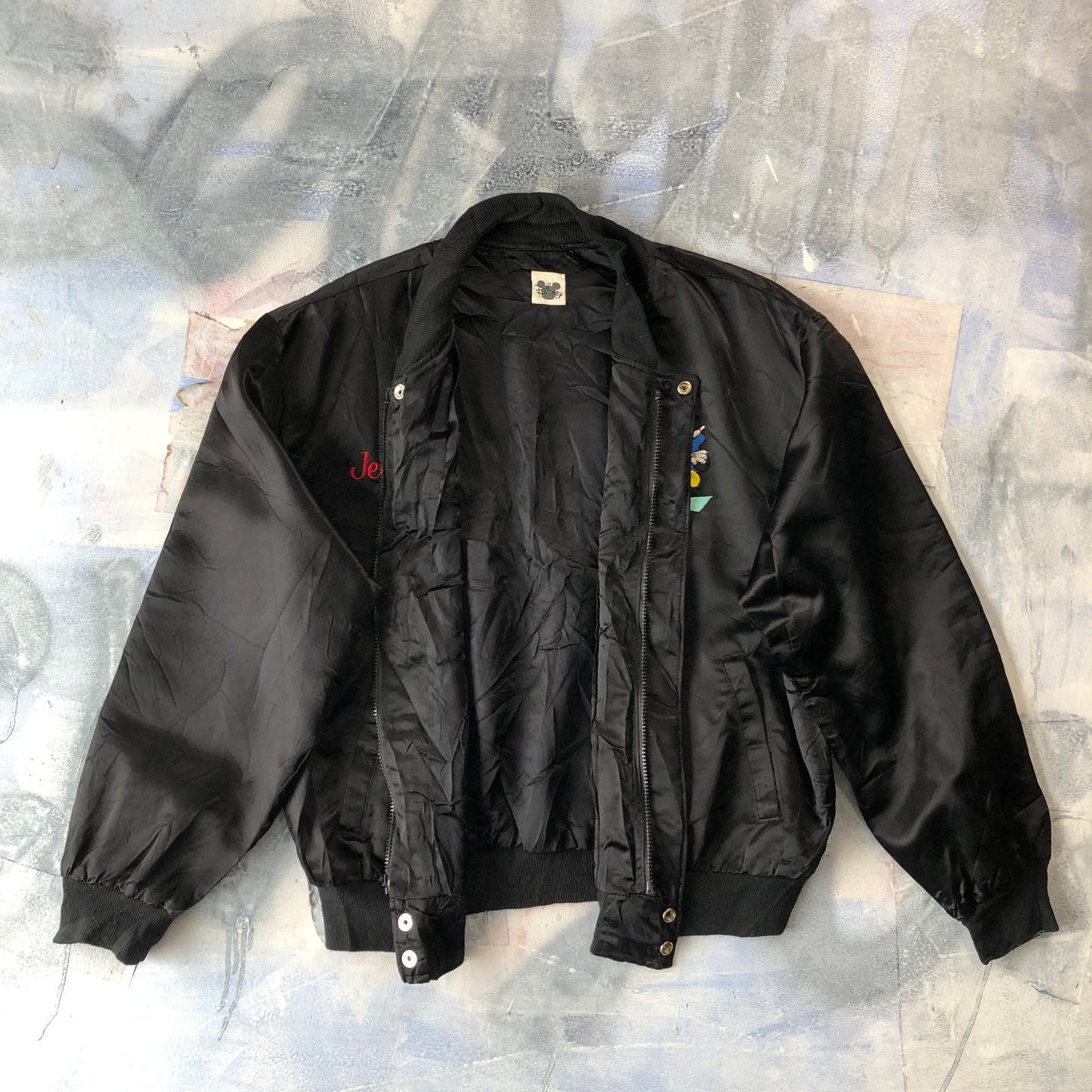The Disney Catalog Mickeys Bowl A Rama Custom Stitch Satin Bomber Zip Jacket M