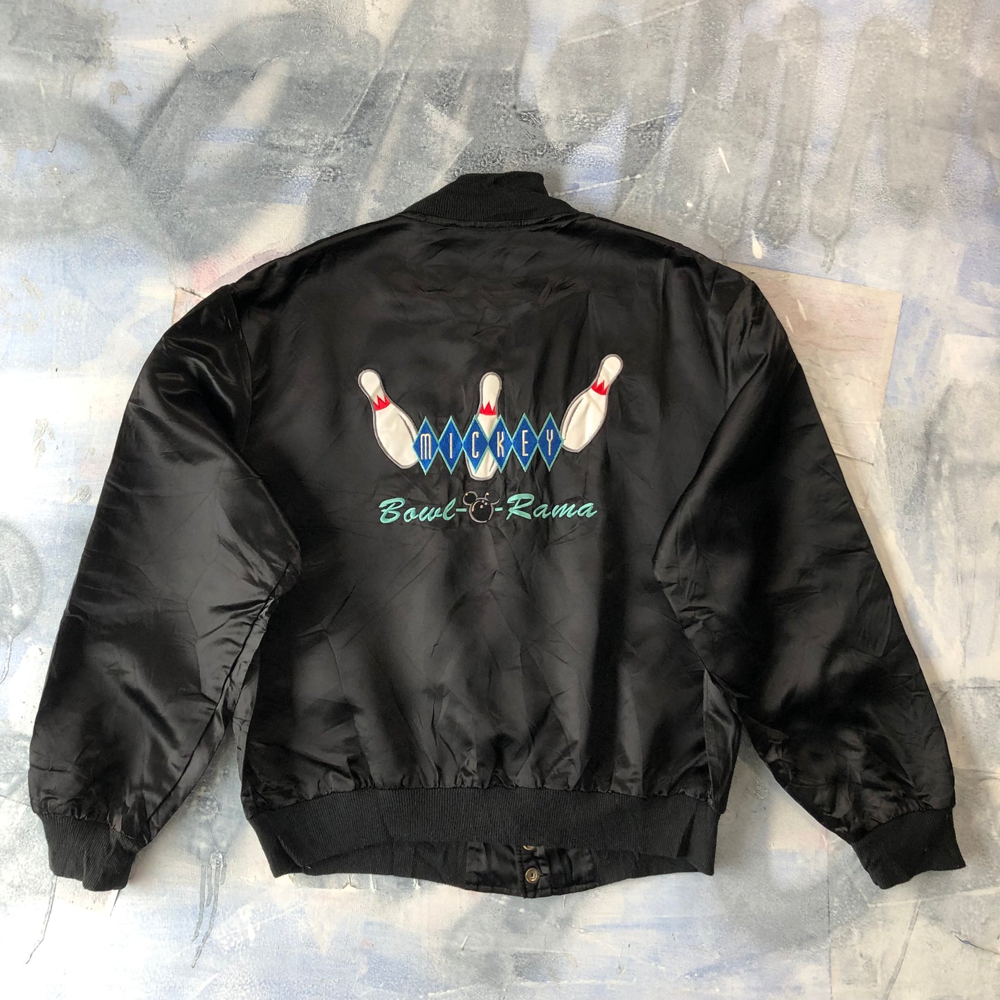 The Disney Catalog Mickeys Bowl A Rama Custom Stitch Satin Bomber Zip Jacket M