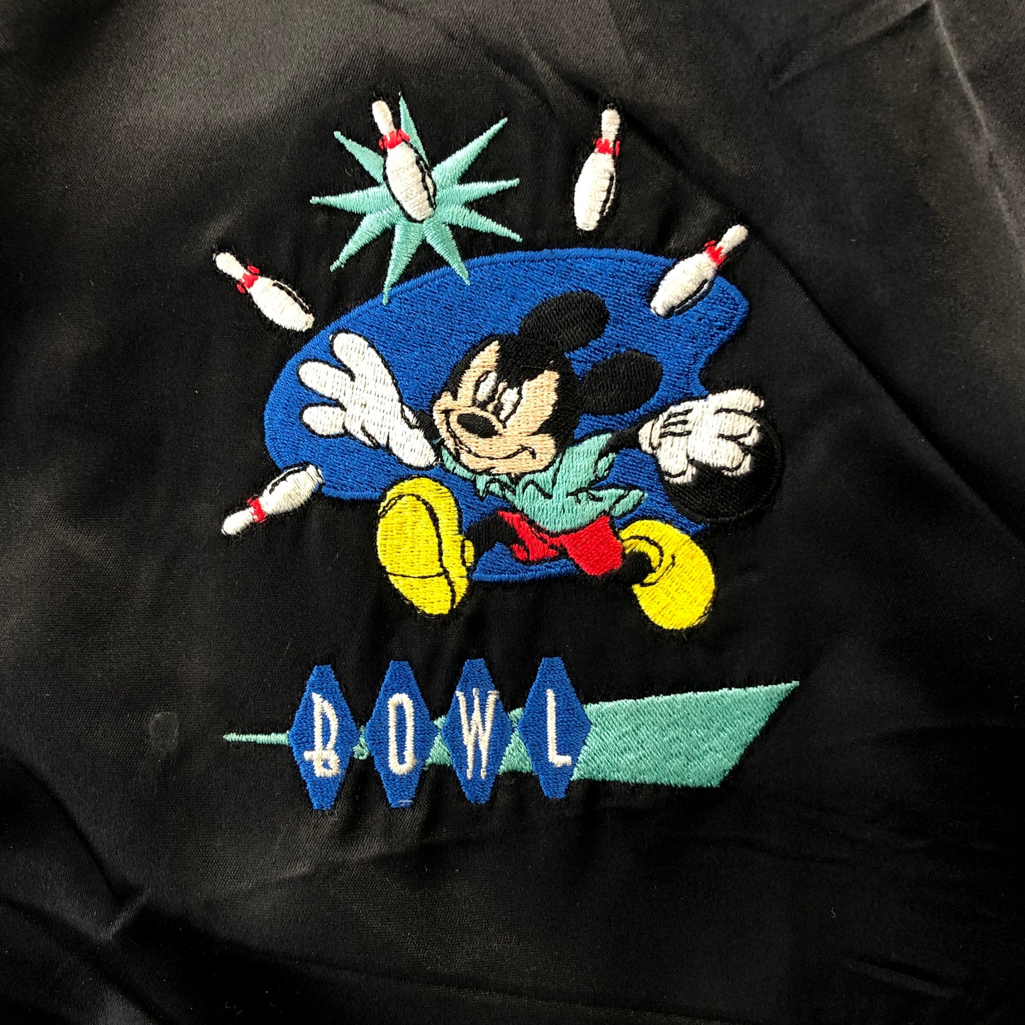The Disney Catalog Mickeys Bowl A Rama Custom Stitch Satin Bomber Zip Jacket M