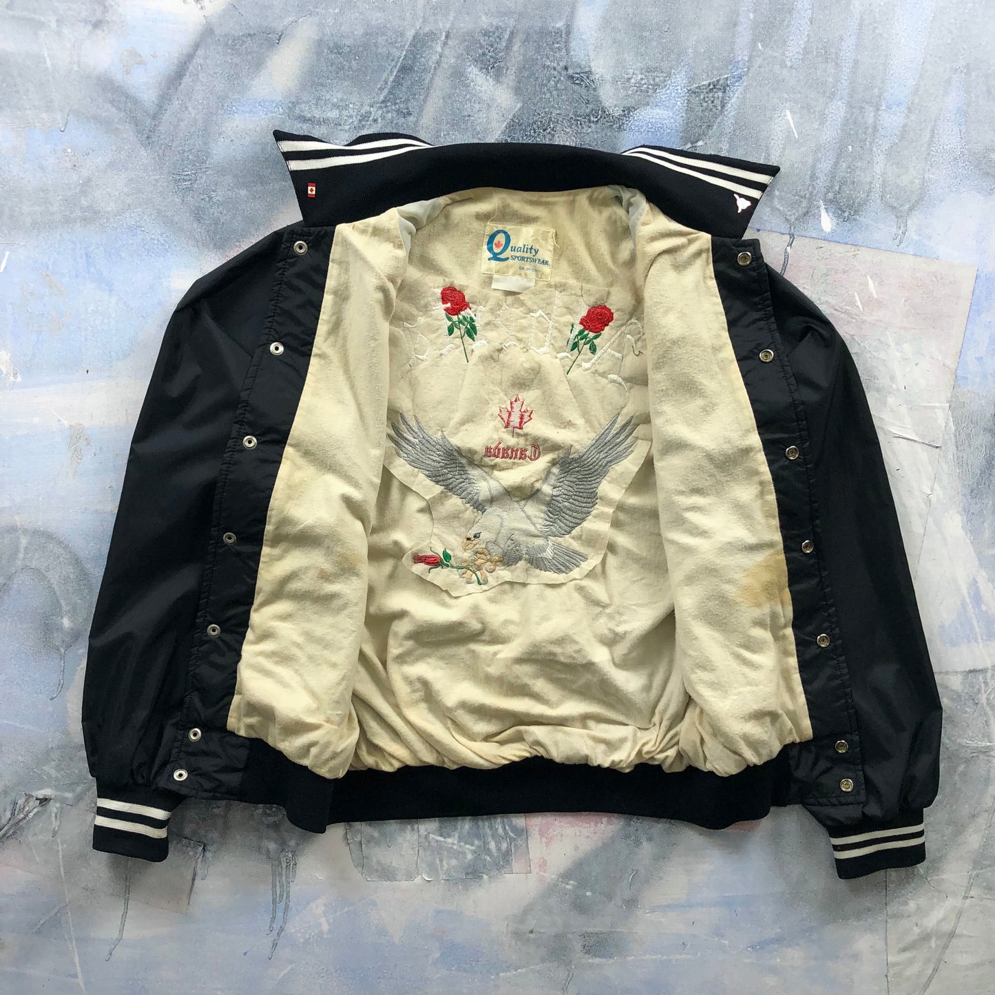 Vintage Alberta Canada Flying Eagle Blanket Lined Satin Bomber Button Jacket L