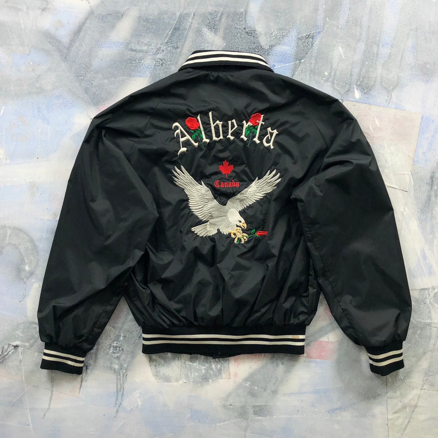 Vintage Alberta Canada Flying Eagle Blanket Lined Satin Bomber Button Jacket L