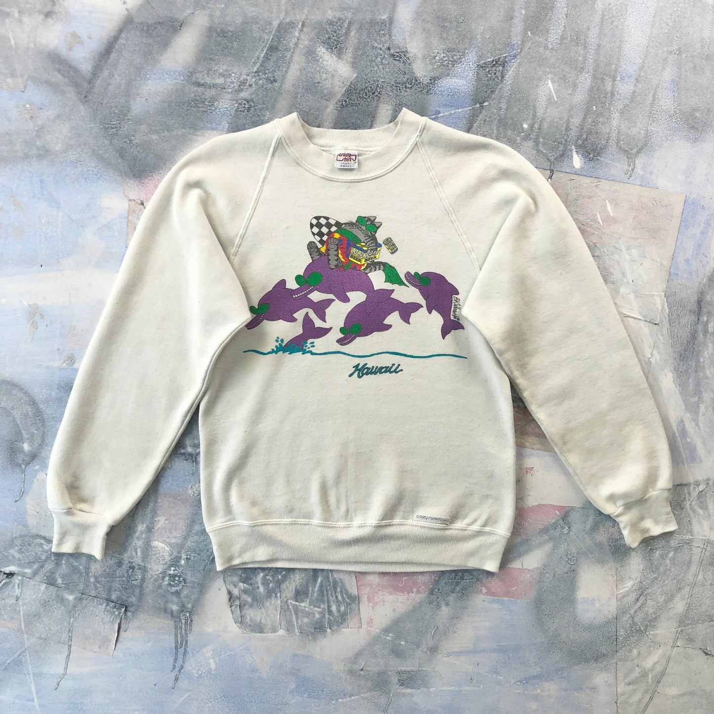 Vintage USA 80s Hawaii B Kilban Cat Surfing Dolphins Crewneck Sweatshirt S