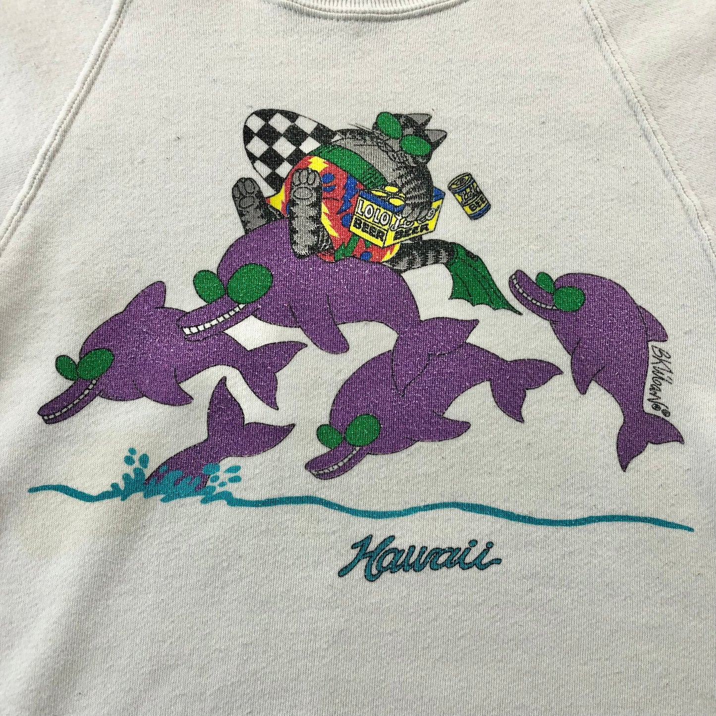 Vintage USA 80s Hawaii B Kilban Cat Surfing Dolphins Crewneck Sweatshirt S