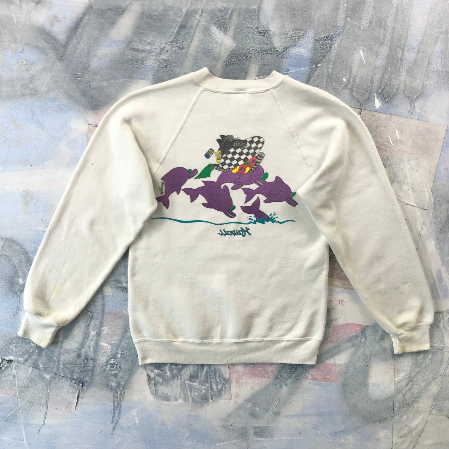 Vintage USA 80s Hawaii B Kilban Cat Surfing Dolphins Crewneck Sweatshirt S