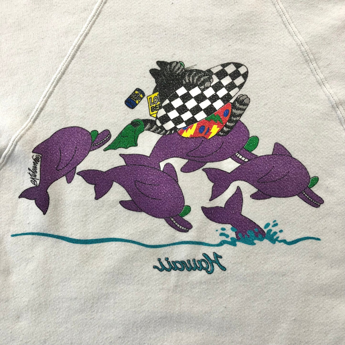 Vintage USA 80s Hawaii B Kilban Cat Surfing Dolphins Crewneck Sweatshirt S